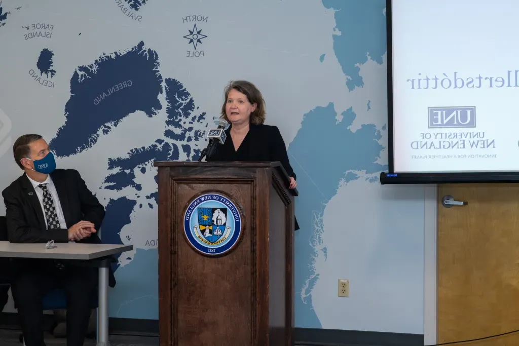 Icelandic Ambassador Bergdís Ellertsdóttir and UNE President James D. Herbert